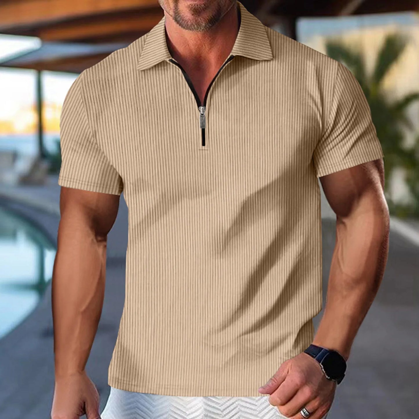 Summer Stripe Zipper Mens Polo